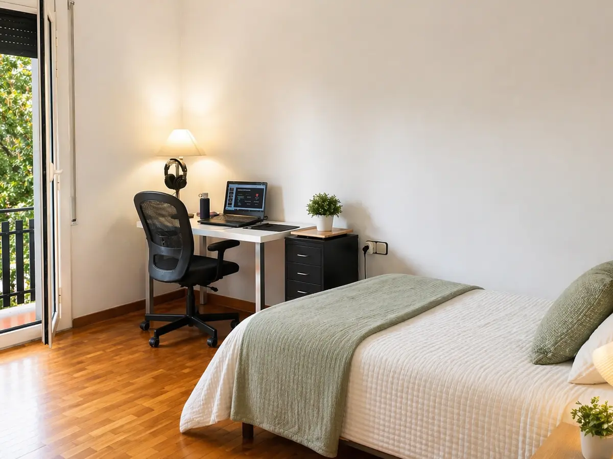 The Balcony Room, with single bed, desk, and private balcony facing central Sant Cugat