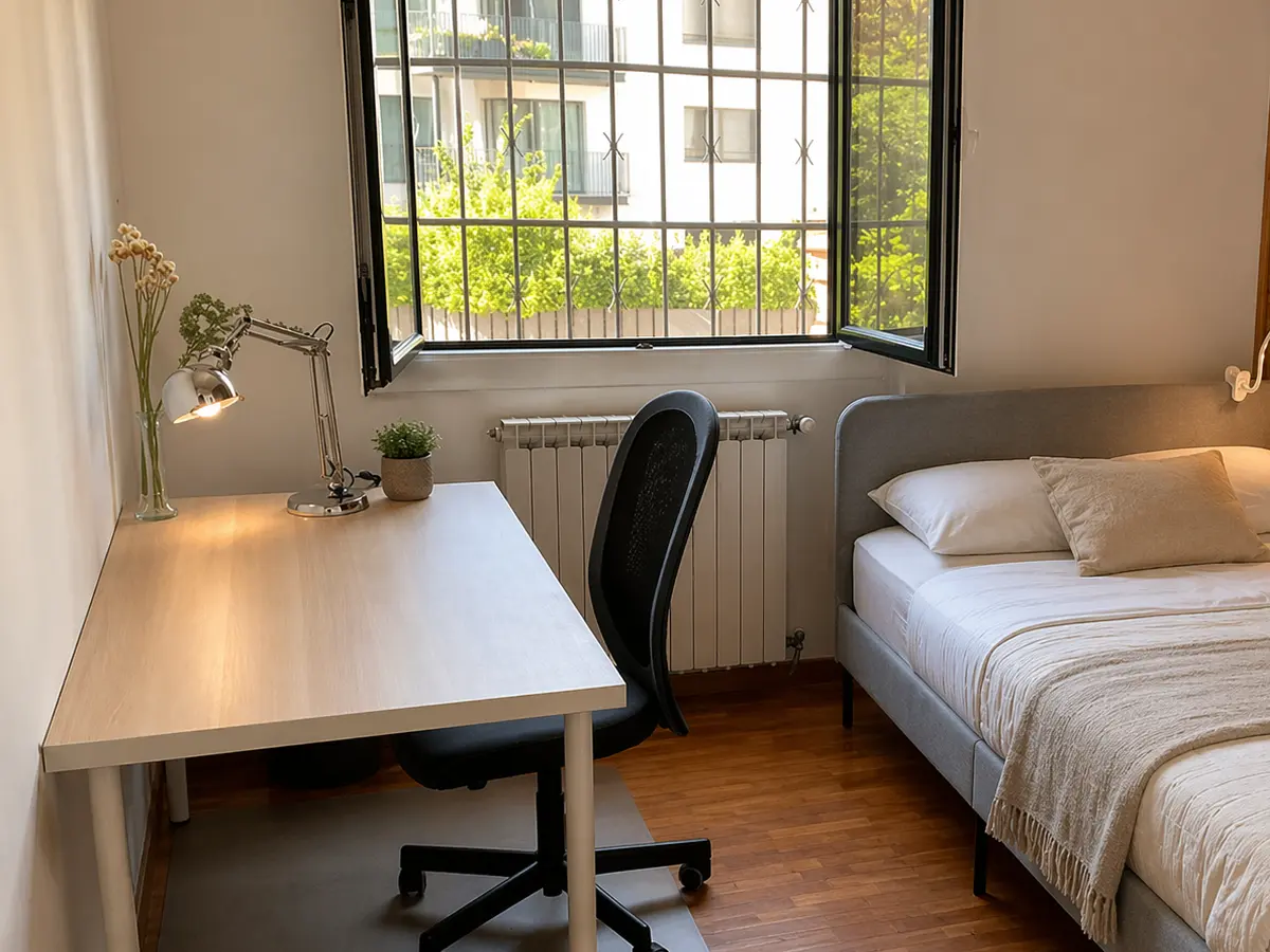 The City View room, with double bed, double built-in wardrobe and study desk facing central Sant Cugat