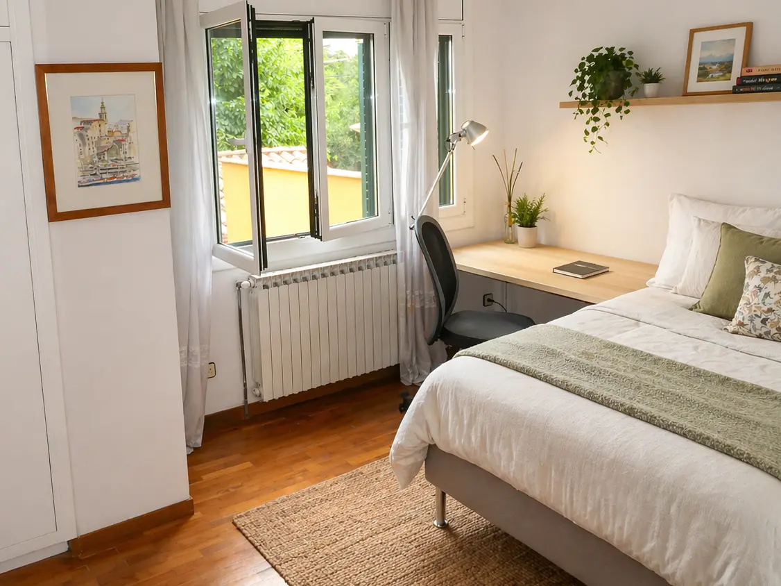 The Quiet Garden Side bedroom with double bed and warm wood furnishings facing the garden